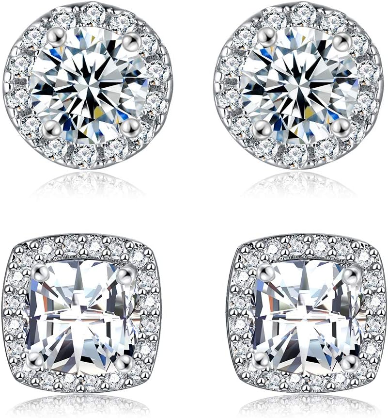 18K White Gold Plated Round Square Cubic Zirconia Simulated Diamond Halo Stud Earrings (2 Pairs) 18K White Gold Plated Round Square Cubic Zirconia Simulated Diamond Halo Stud Earrings (2 Pairs)